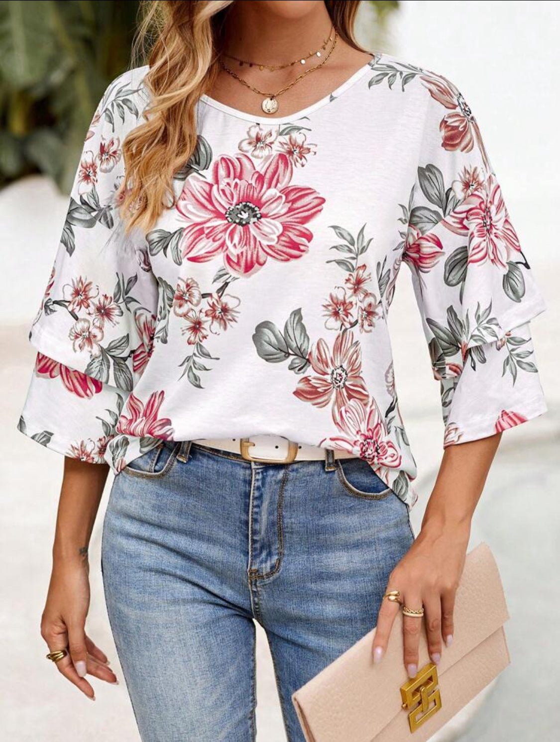 Blusa Blanca con Flores Talla M