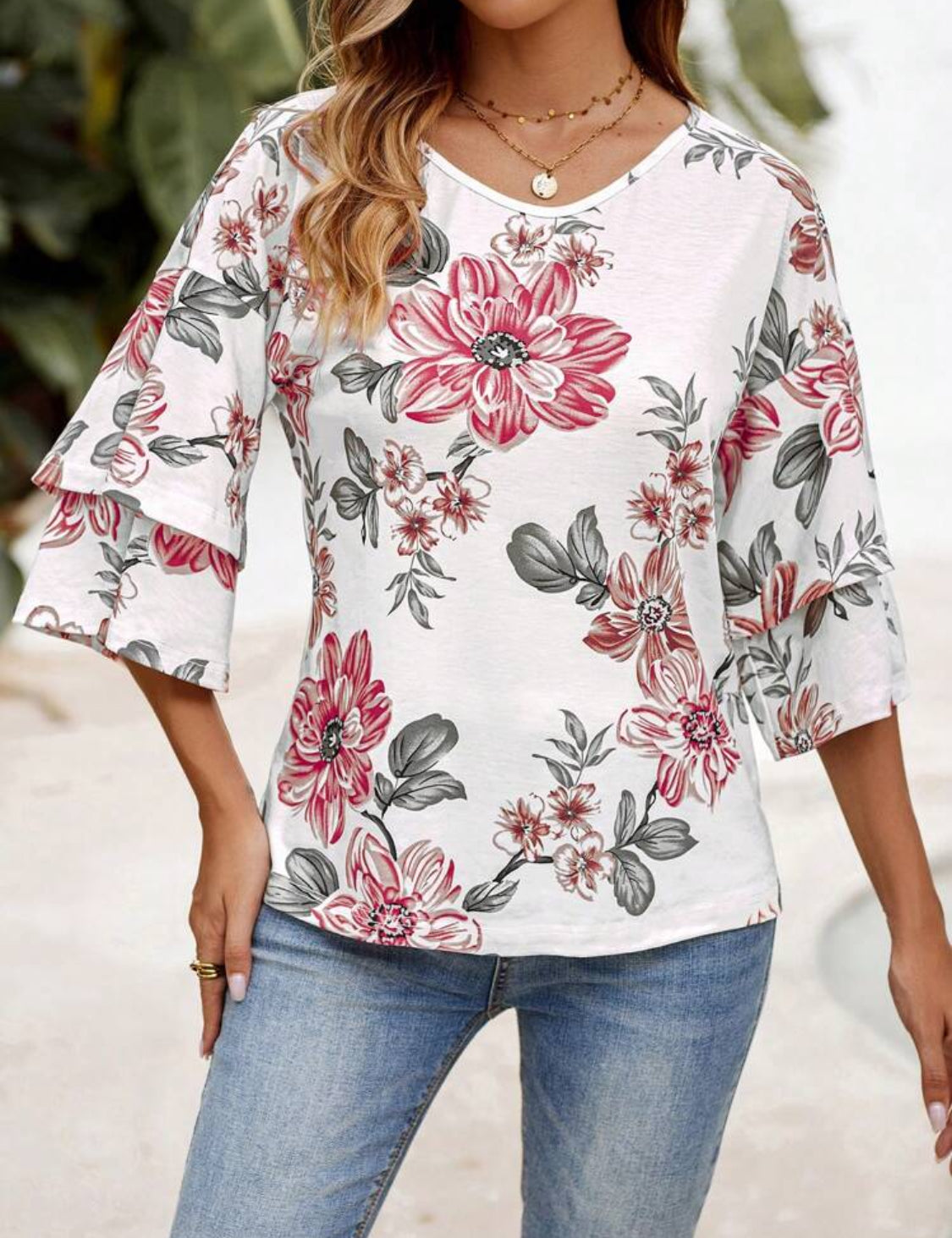 Blusa Blanca con Flores Talla M